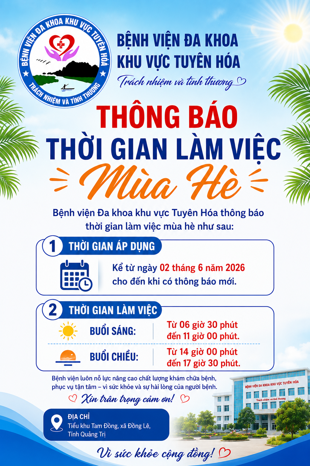 THÔNG BÁO GIỜ LÀM VIỆC MÙA HÈ